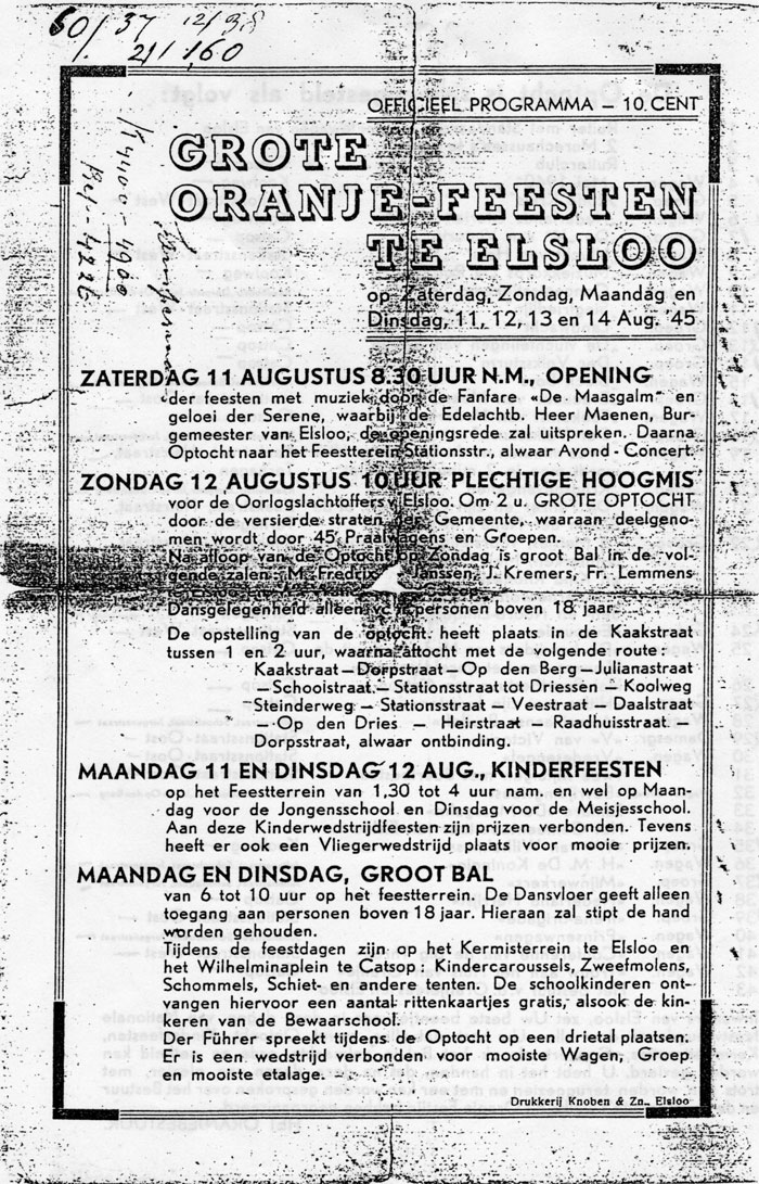 Bevrijdingsoptocht Elsloo, zondag 12 augustus 1945    Programma feest in Elsloo. Blad1.